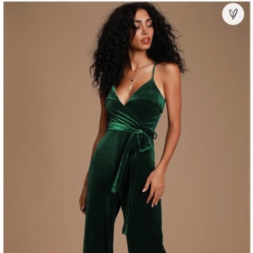 Lulu's Kylinna Forest Green Velvet Wide Leg Jumpsuit